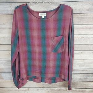 Cloth & Stone Women's Knit Top Medium Pink Blue Plaid Lace Up Long Sleeve